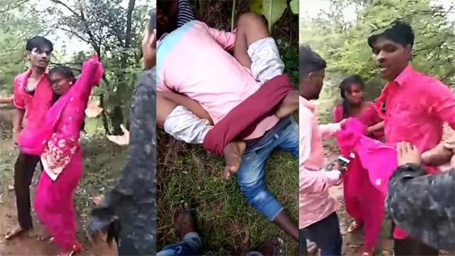Indian Lovers hiding in jungle caught by village people & fucks